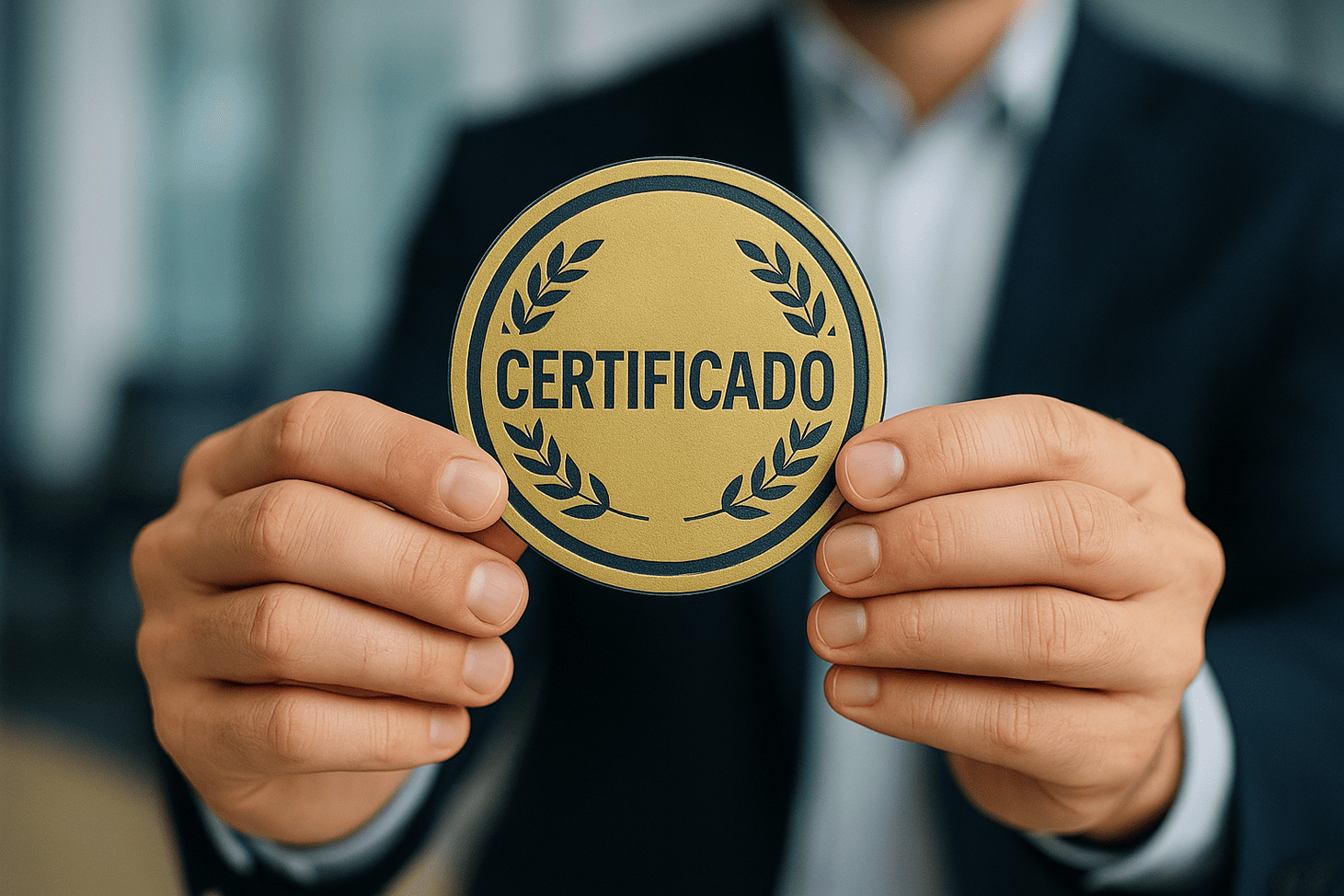Manos sosteniendo un distintivo con la palabra CERTIFICADO, representando el compromiso de ECOQUALITY con la calidad y las certificaciones profesionales