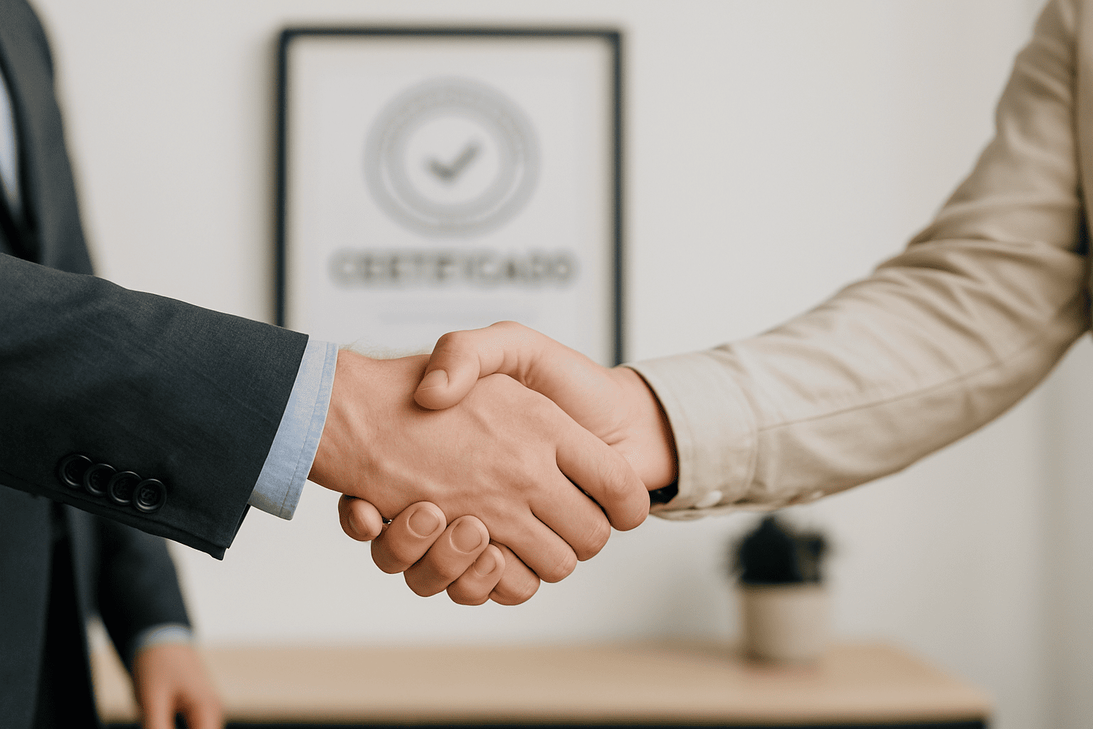 Manos estrechándose en señal de confianza, con certificado de calidad desenfocado al fondo, representando el compromiso de ECOQUALITY con la calidad y el servicio