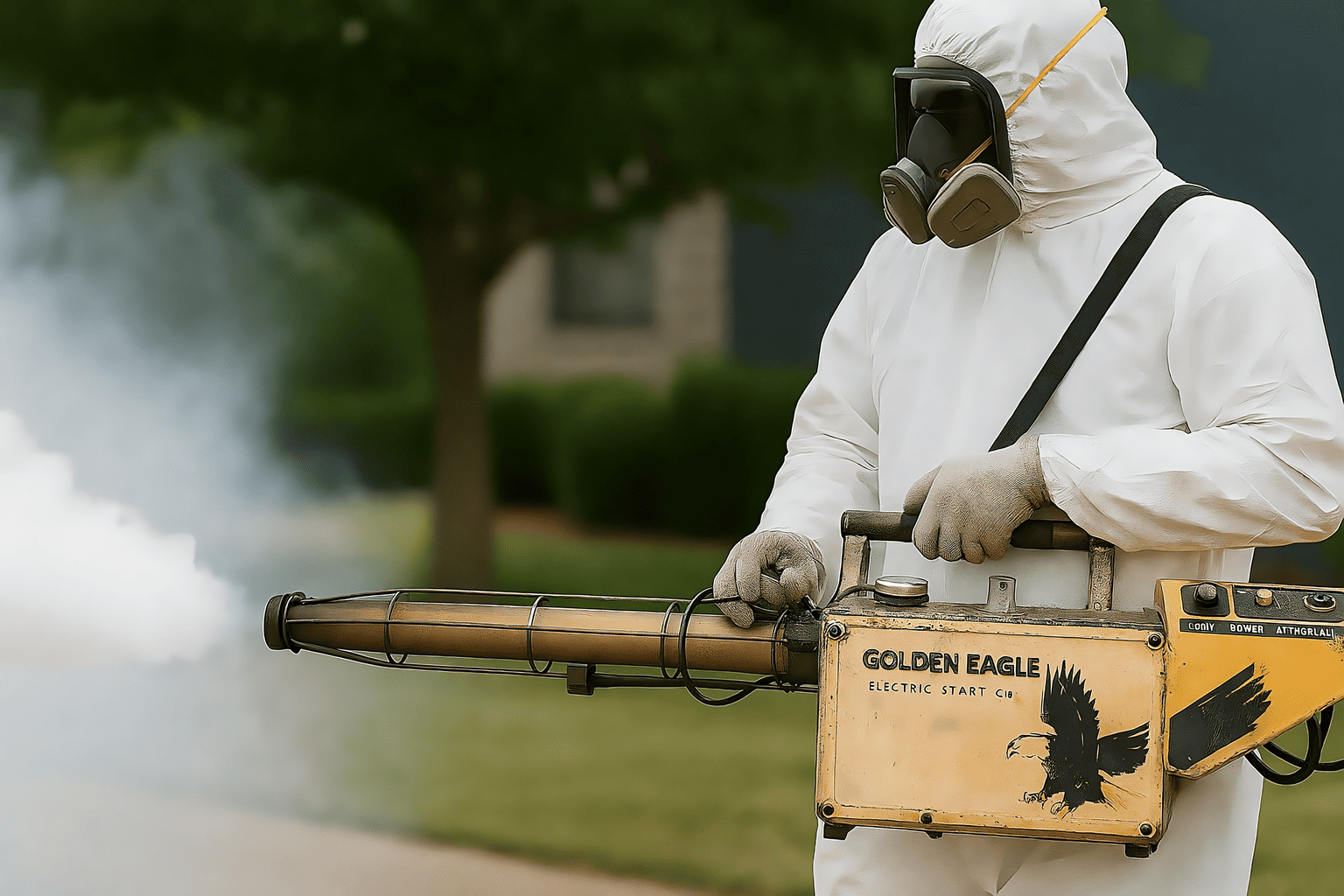 Técnico en control de plagas usando un equipo Golden Eagle mientras aplica fumigación al aire libre, con traje protector blanco y mascarilla de media faz con filtros amarillos y gafas de seguridad.
